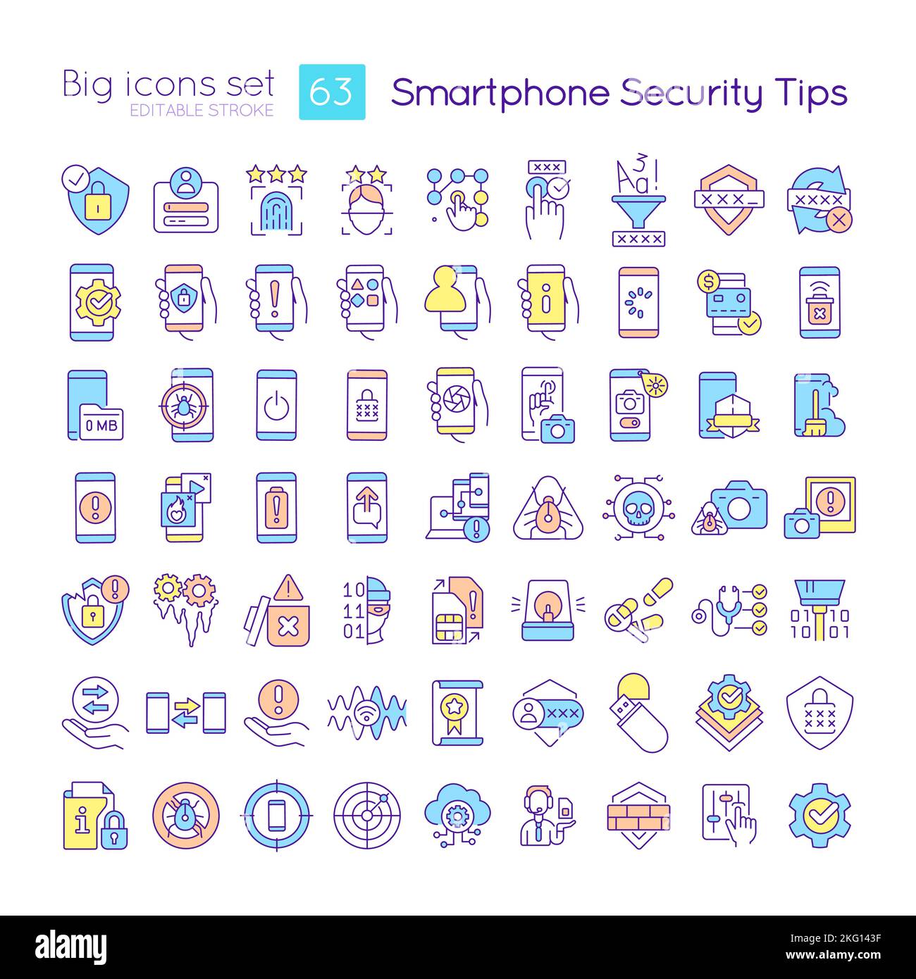 Smartphone security tips RGB color icons set Stock Vector
