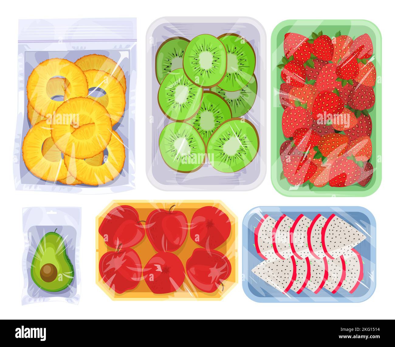 Vacuum food set vector fruits slice in pack set Stock Vector Image