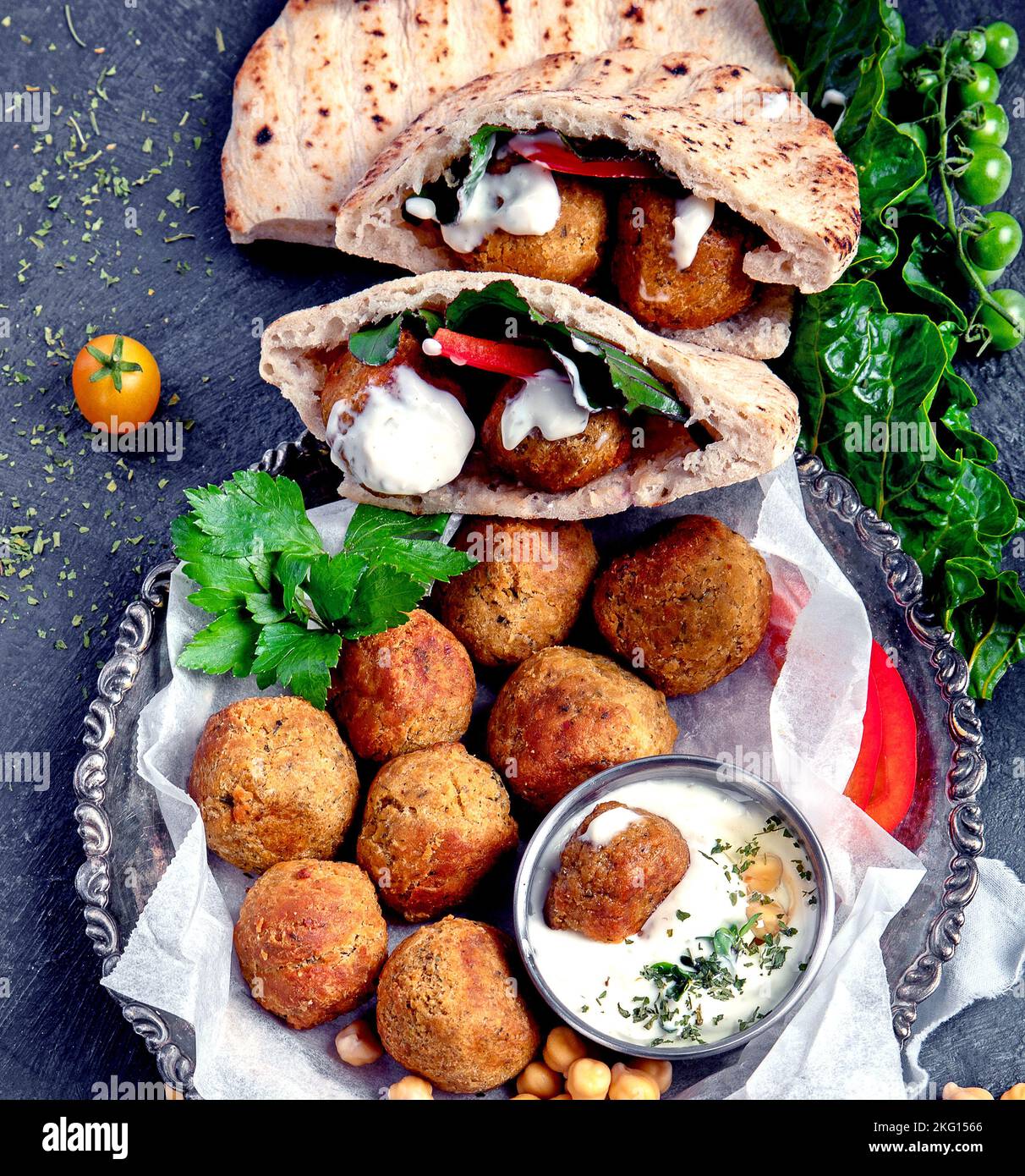 Middle eastern, arabic dishes with falafel, hummus, pita. Halal food
