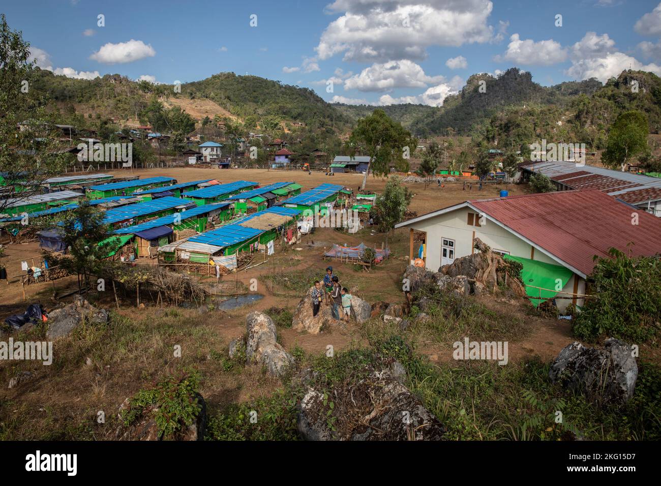 A general view shows an IDP camp on January 27, 2022 close to the town of Dimawhso in Kayah (Karenni) State, eastern Myanmar. Stock Photo