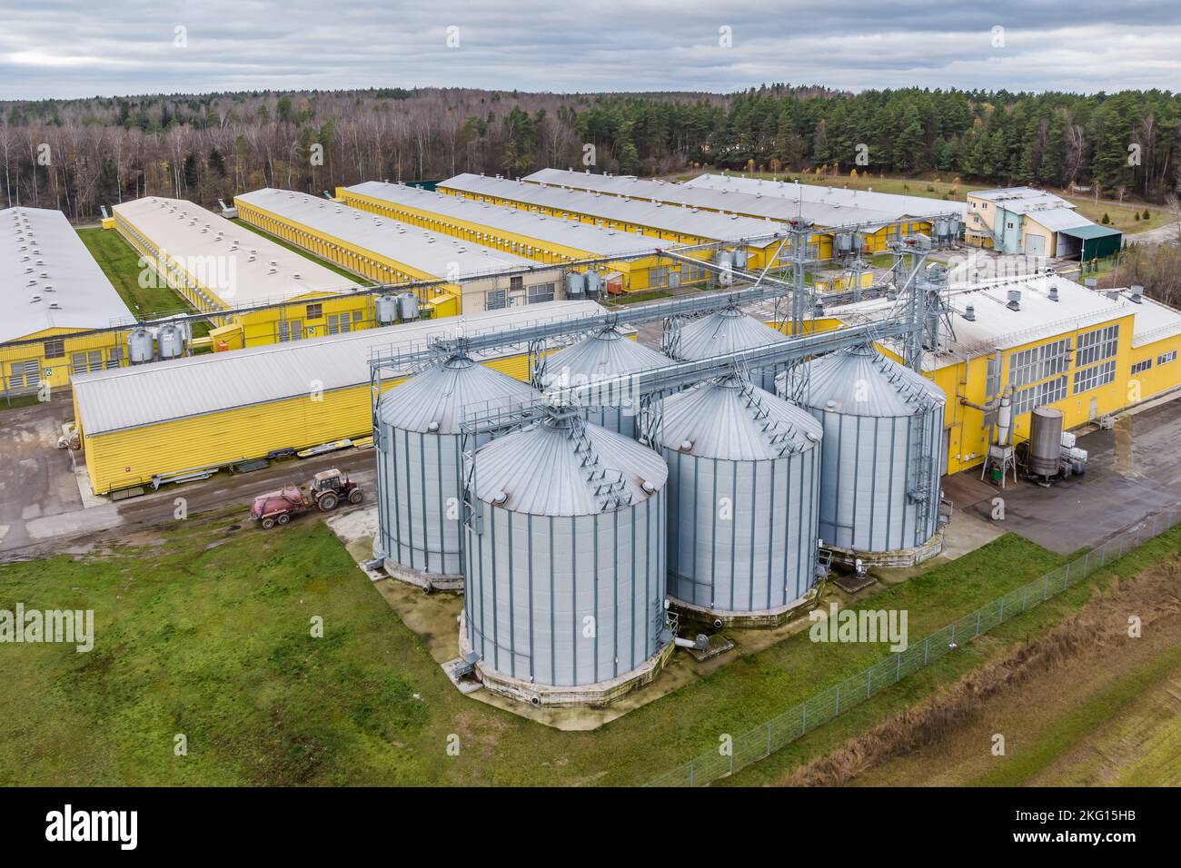 aerial panoramic view over silos and agroindustrial livestock complex