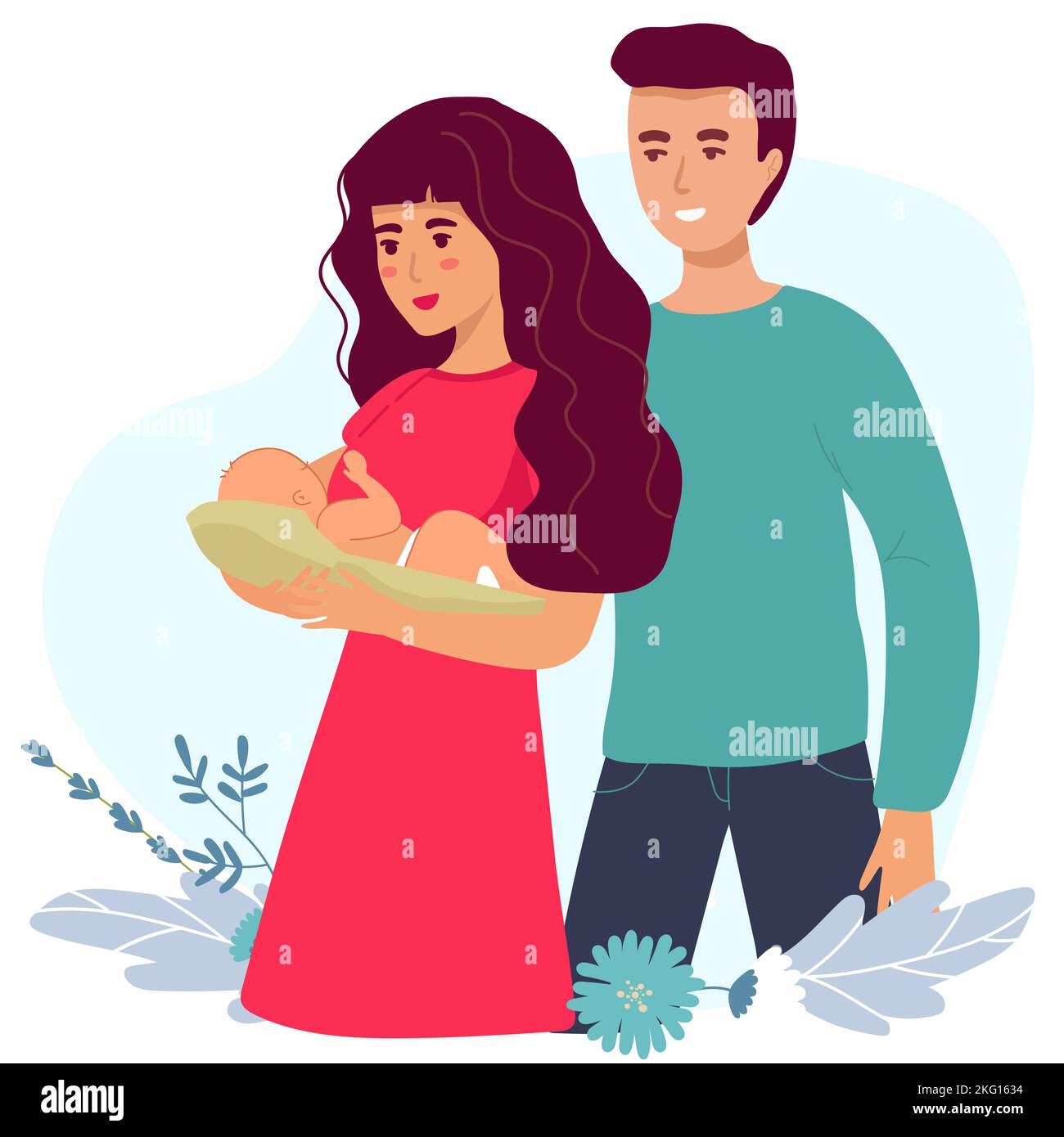 illustrations about pregnancy and motherhood. Pregnant woman with tummy with Dad. Lady with a newborn baby. Flat stock vector illustration Stock Vector