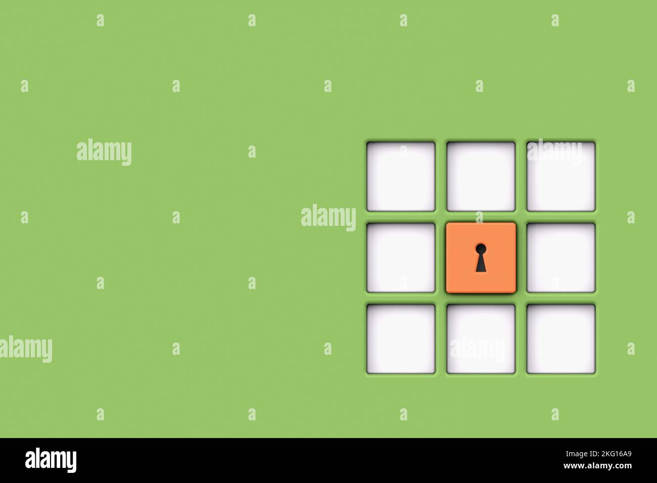 Green plastic wall with a keyhole in a square box, minimal style