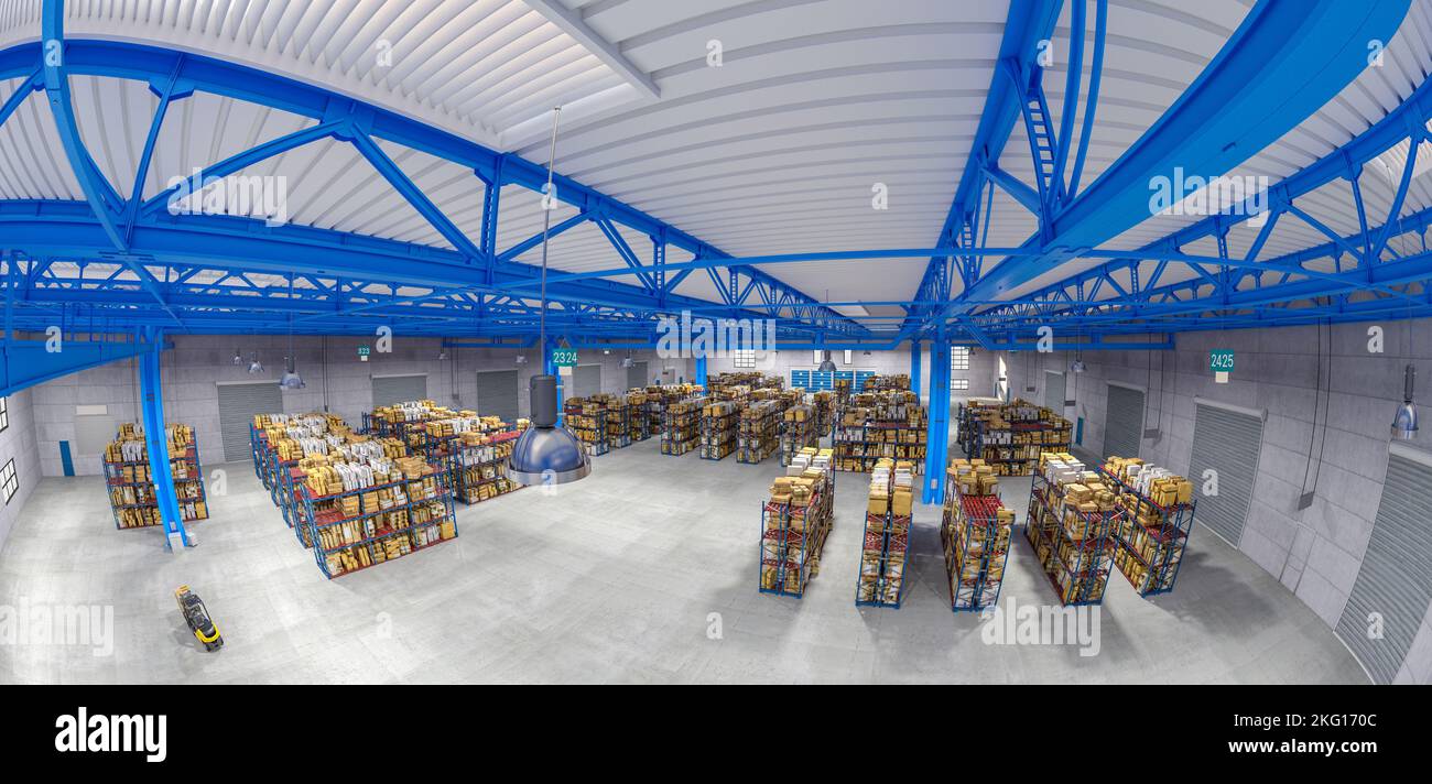 interior of a warehouse full of goods. fish eye view. 3d render Stock Photo
