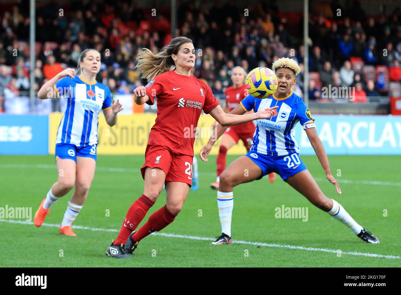 Katie Stengel of Liverpool Women chesting the ball during Barclays Women's Super League match between Brighton and Albion Hove Women against Liverpool Stock Photo