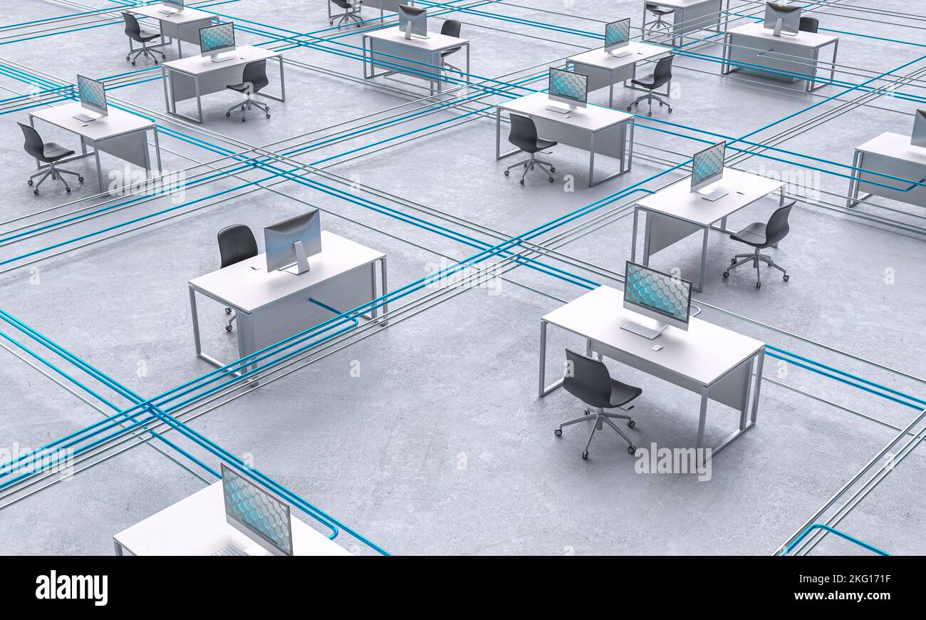 office workstations divided into sectors with ethernet cables. 3d render Stock Photo