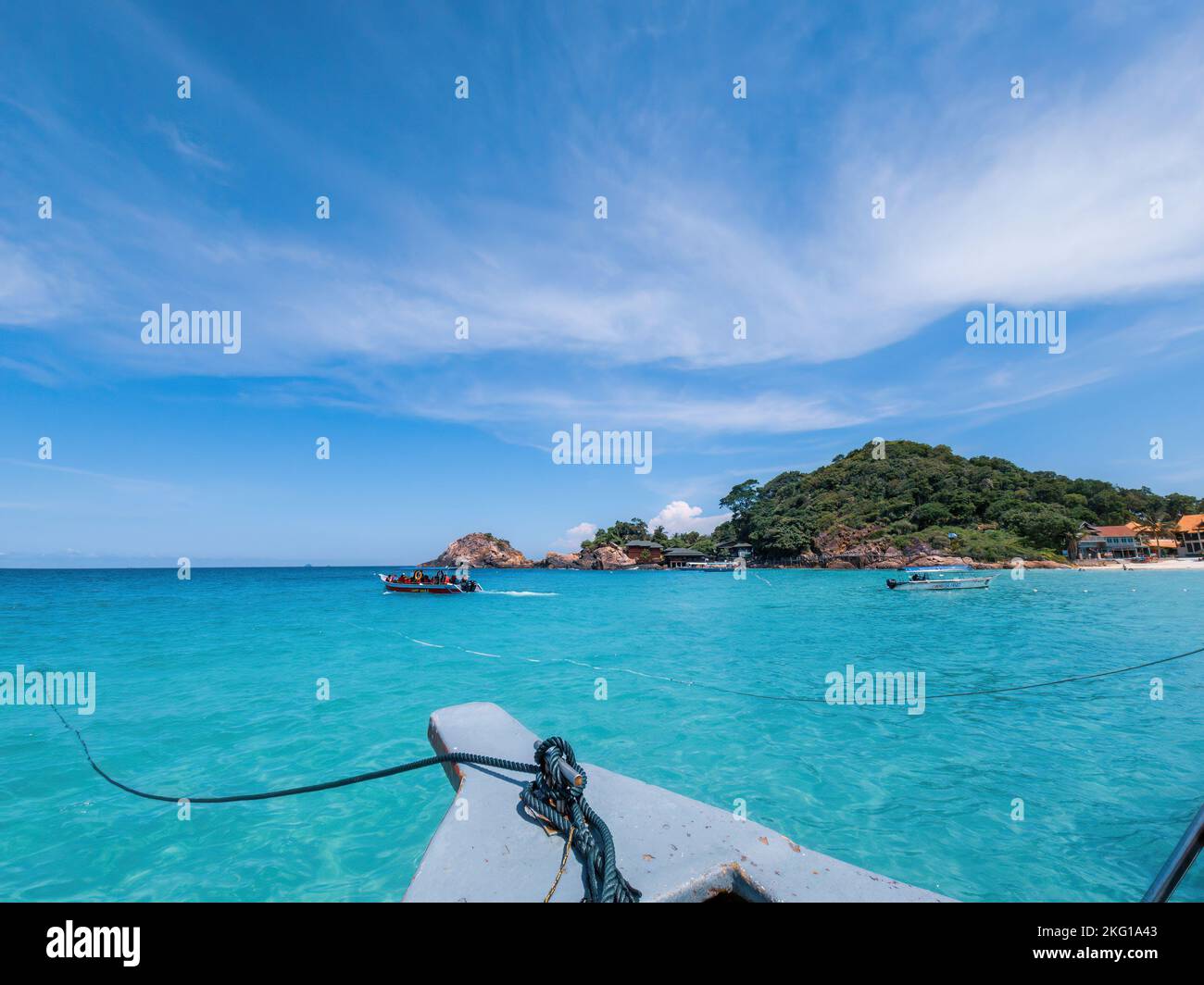 View from the boat overlooking turquoise sea. vacation concept. Stock Photo