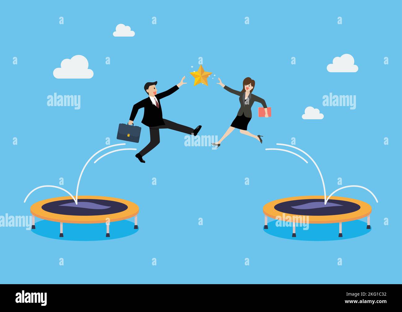 Businessman and woman bounce on trampoline jump flying high to grab star. Business concept. Vector illustration Stock Vector