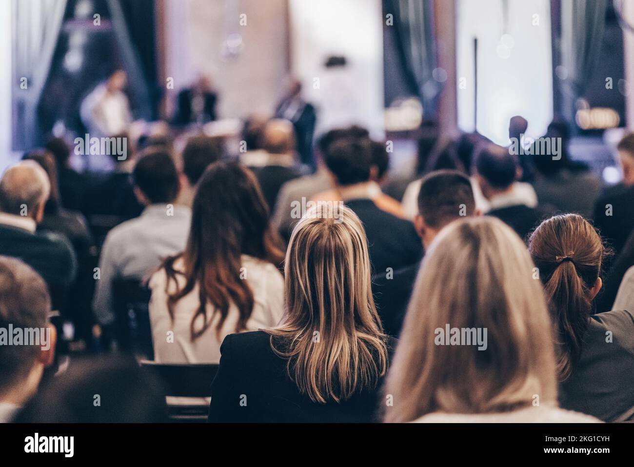 Round table discussion at business convention and Presentation. Audience at the conference hall. Business and entrepreneurship symposium. Stock Photo