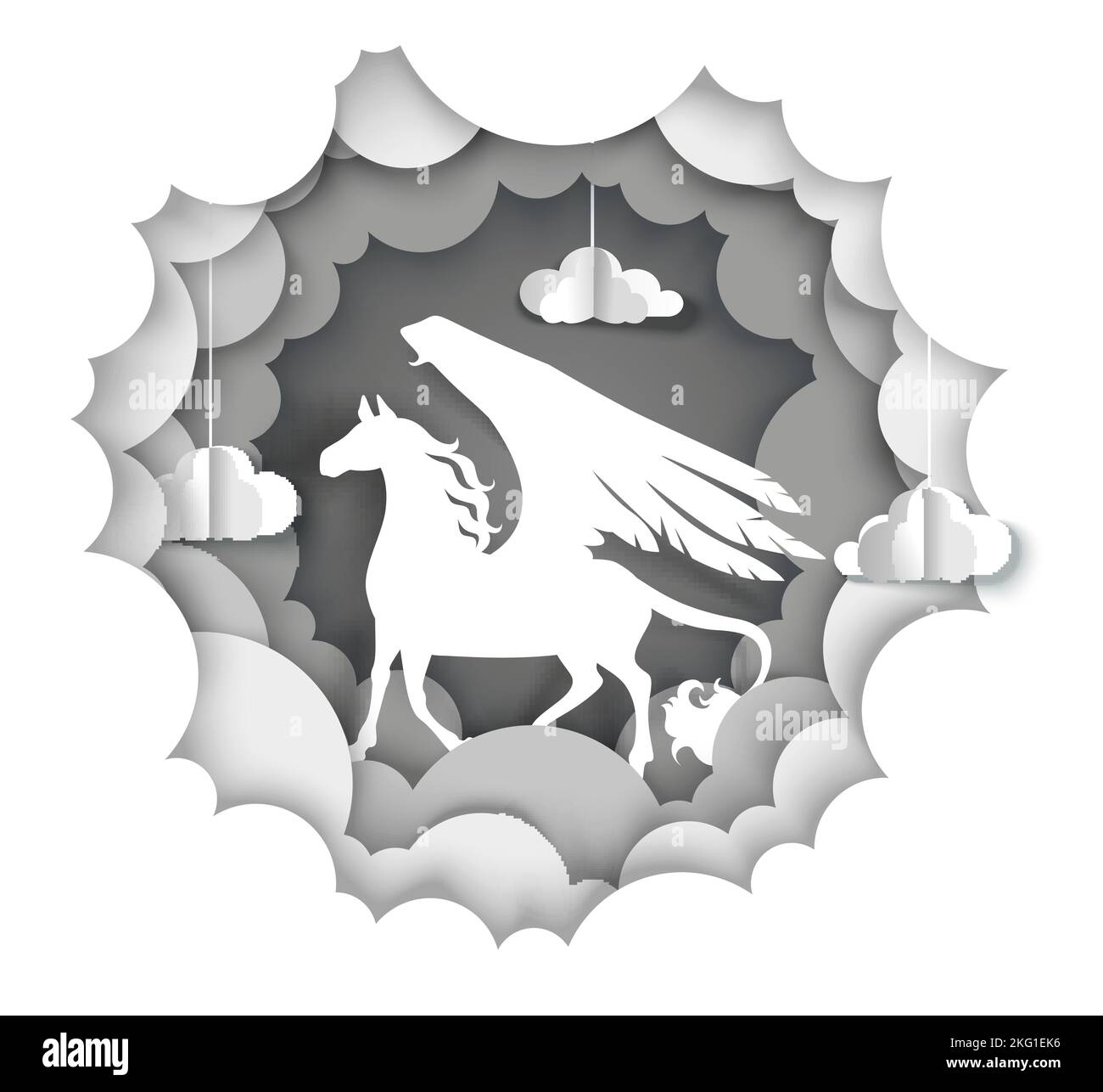 Vector layered paper cut style fluffy clouds and mythological Pegasus, winged horse silhouette. Beautiful fairytale composition. Stock Vector