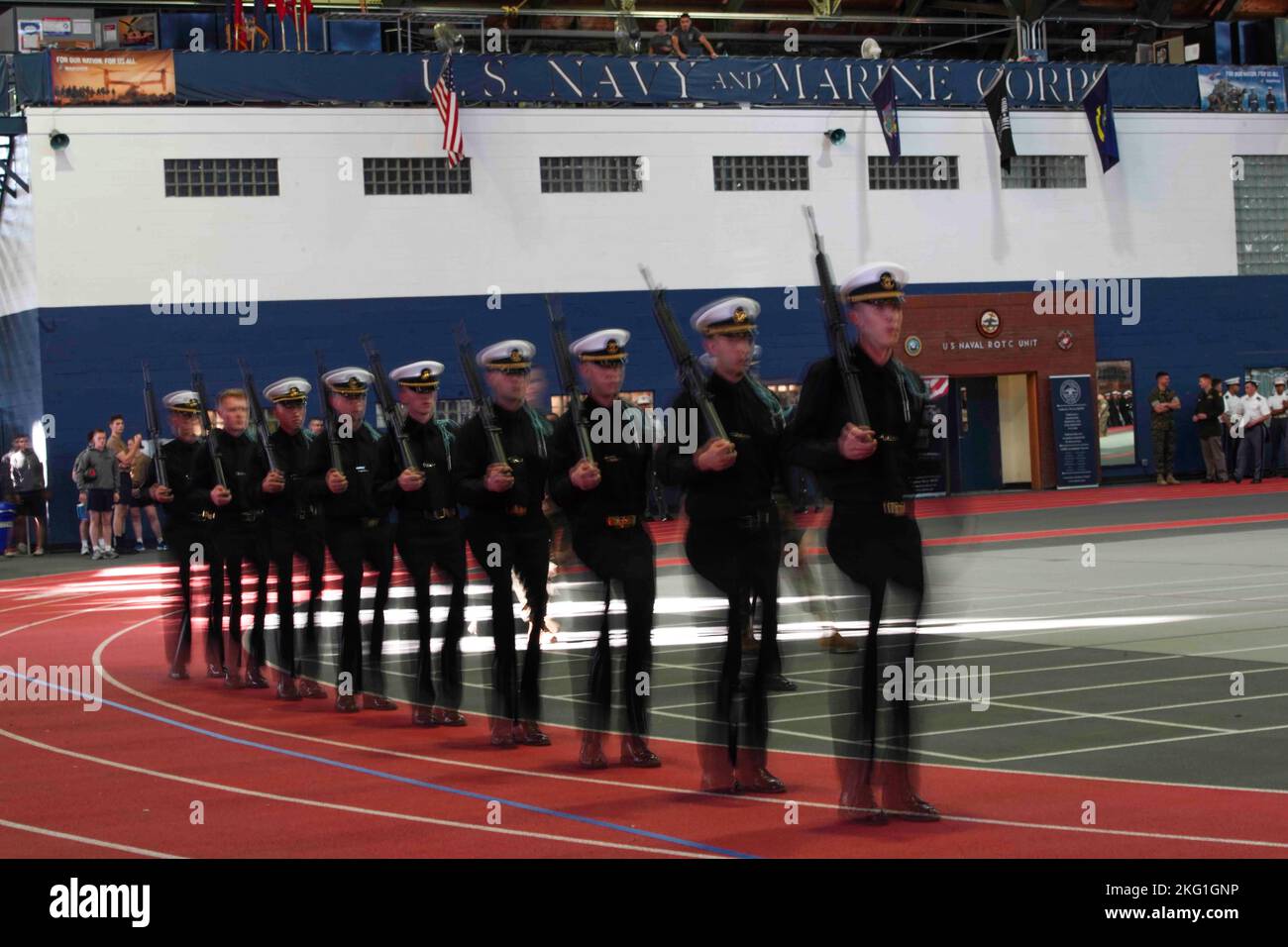 A U.S. Naval Reserve Officer Training Corps drill team conducts a
