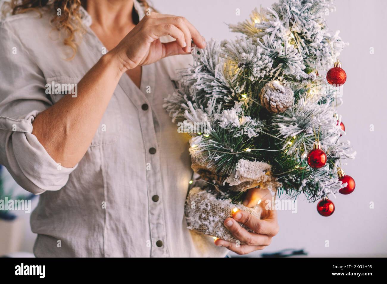 One woman holding a little christmas tree full of decorations. Holiday new year xmas season day. Unrecognizable female people enjoy christmas eve alon Stock Photo