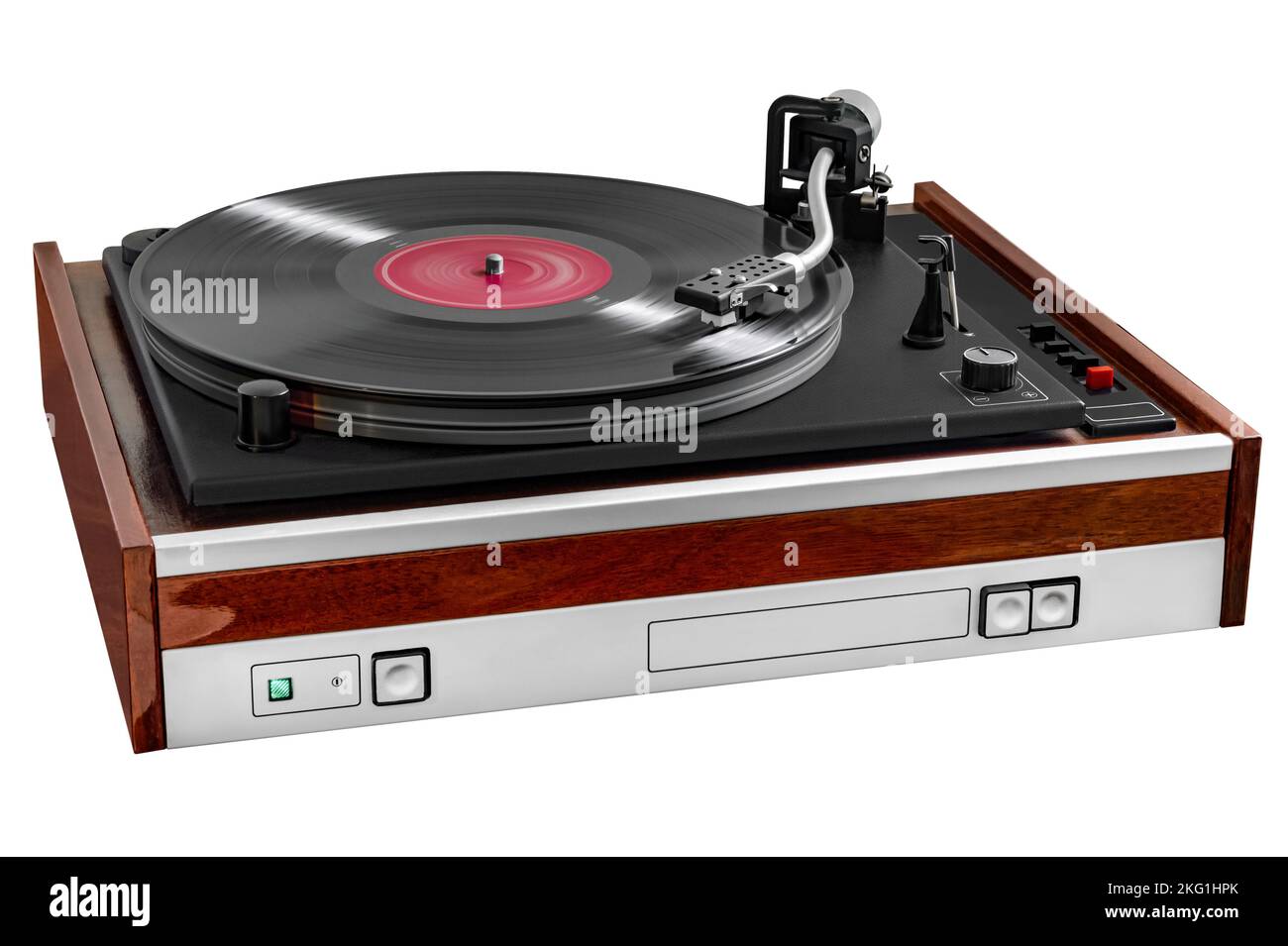 vintage turntable While playing the record. isolated on white background Stock Photo