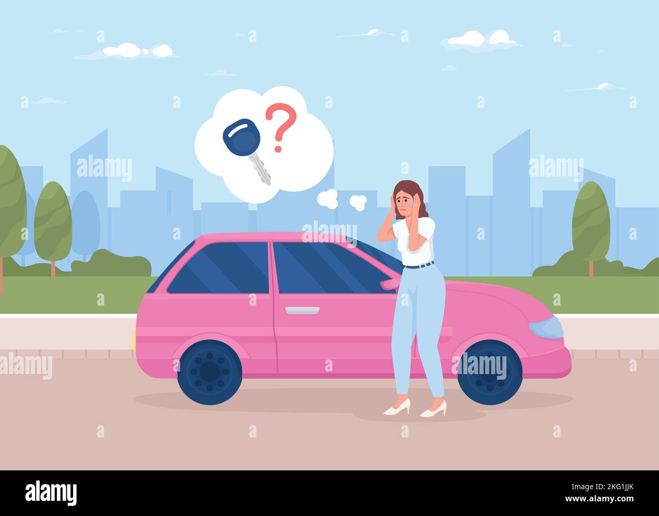 Woman with panic attack near car flat color vector illustration Stock Vector