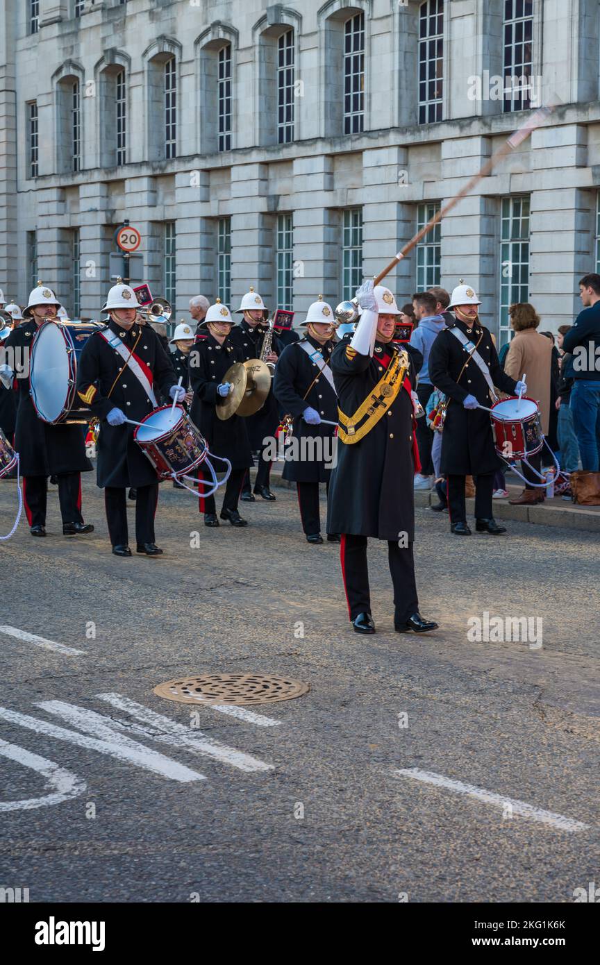 Drum Major leads the Royal Marines marching band in the procession for