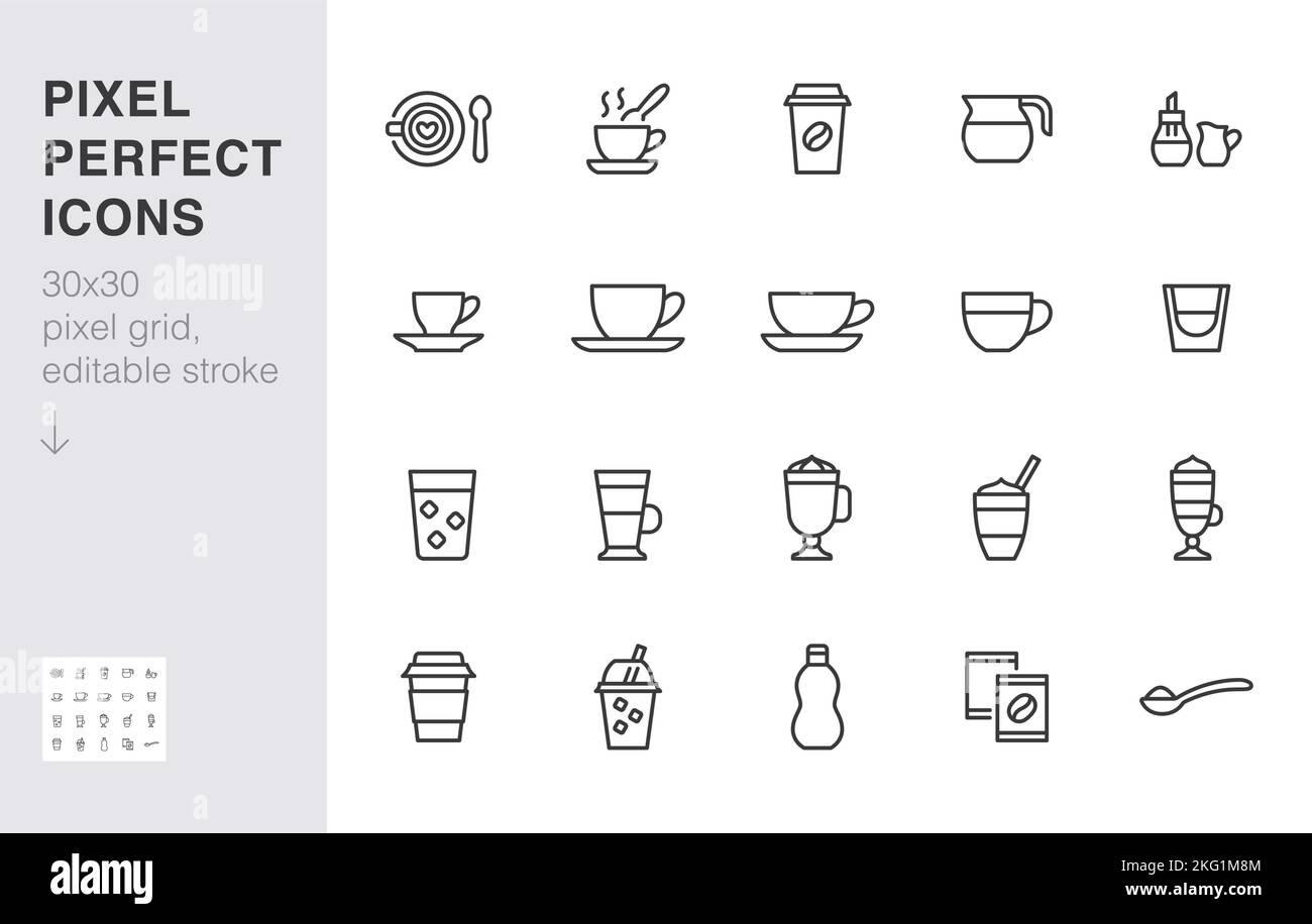 Coffee menu line icon set. Cappuccino, spoon, mug, hot beverage