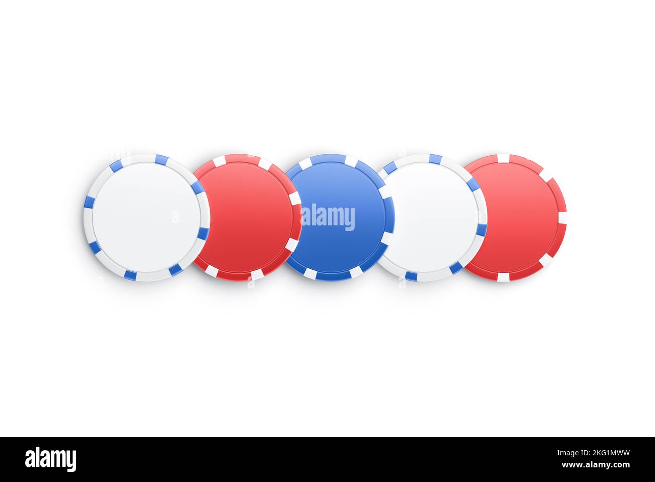 Blank colored plastic round chip mockup lying row, top view, 3d rendering. Empty white, red and