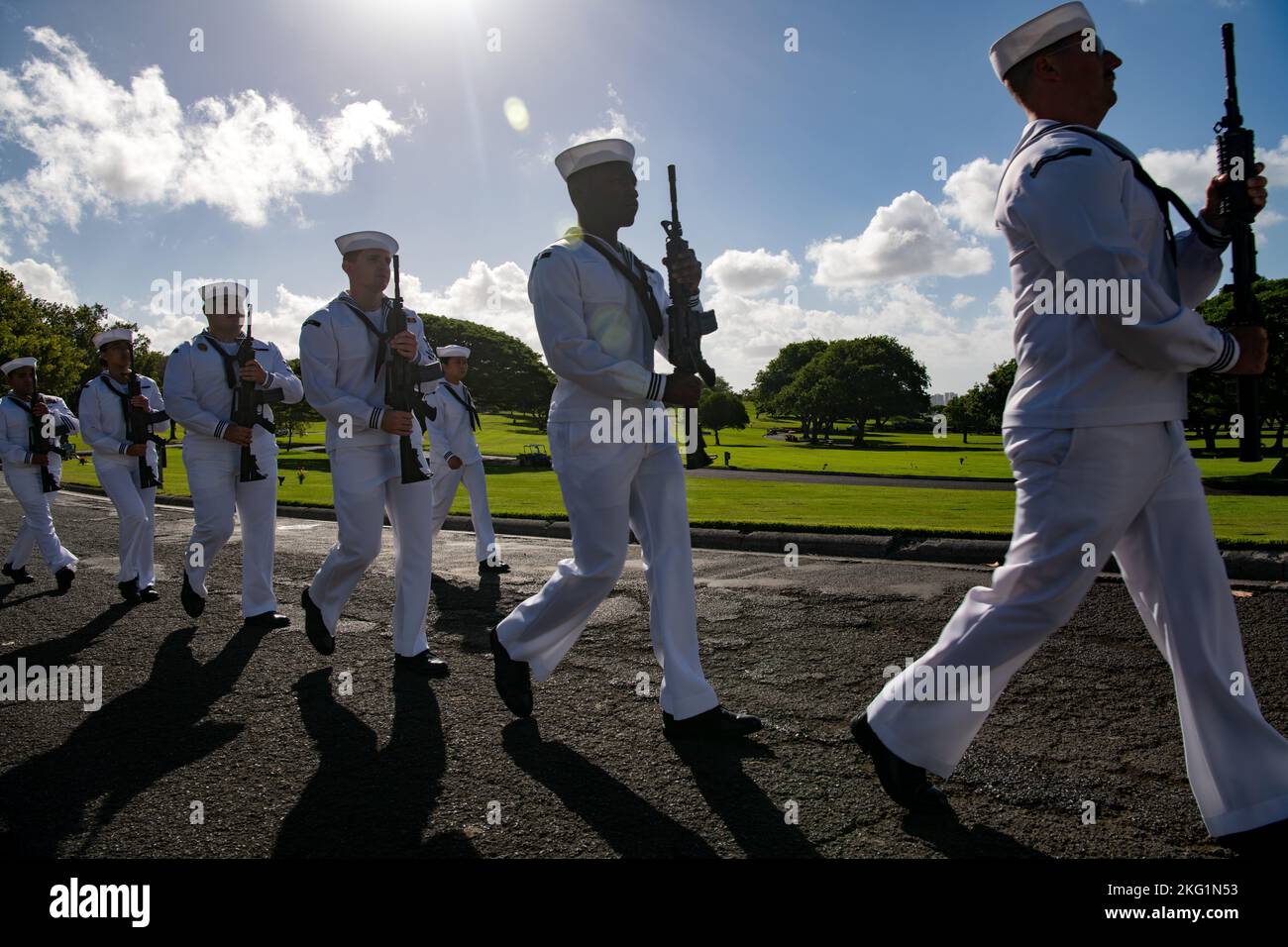 U.S. Navy Sailors assigned to Navy Region Hawaii and the Defense POW/MIA Accounting Agency (DPAA) conduct an interment ceremony for U.S. Navy Fireman Second Class Richard E. Casto at the National Memorial Cemetery of the Pacific, Honolulu, Hawaii, Oct. 24, 2022. Casto was assigned to the USS Oklahoma which sustained fire from Japanese aircraft and multiple torpedo hits causing the ship to capsize and resulted in the deaths of more than 400 crew members on Dec. 7, 1941, at Ford Island, Pearl Harbor. DPAA’s mission is to achieve the fullest possible accounting for missing and unaccounted-for U.S Stock Photo