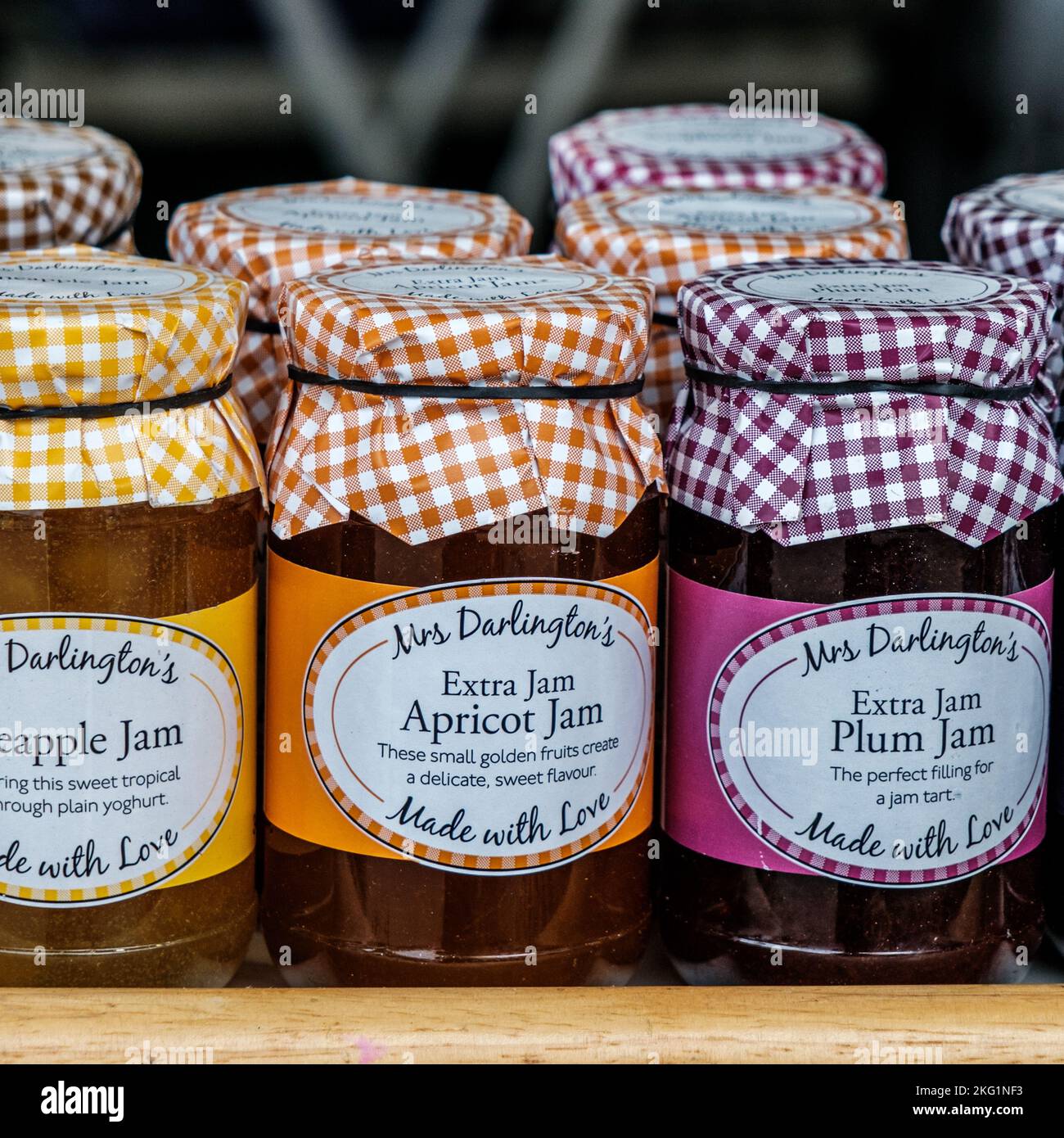 Epsom, Surrey, London UK, November 19 2022,  Jars Of Fresh Homemade Jam On Display On A Market Stall Close Up With No People Stock Photo
