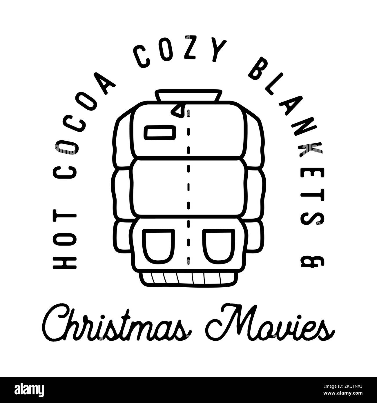 Mountain Camping christmas badge design with winter clothes in line art style and quote hot cocoa cozy blankets. Travel logo graphics. Stock vector Stock Vector