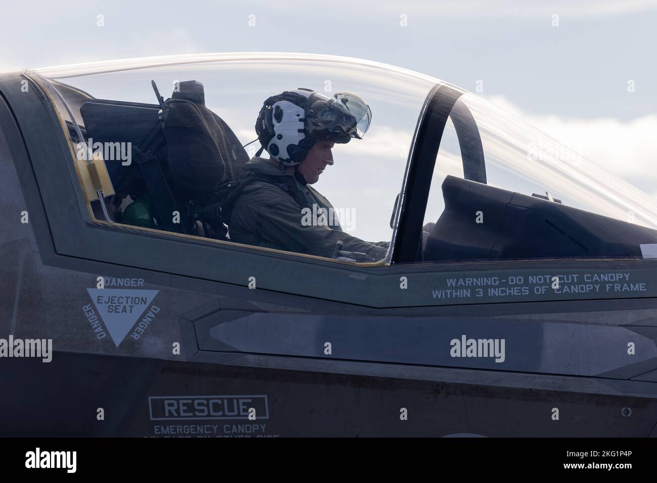 U.S. Marine Corps Lt. Col. Brian Hansell, an F-35B Lightning II fighter jet pilot with Marine Fighter Attack Training Squadron (VMFAT) 501, tests internal-electronic systems prior to flight at Naval Air Station Joint Reserve Base New Orleans, Louisiana, Oct. 24, 2022. VMFAT-501 deployed to NAS JRB New Orleans to increase entry-level pilots' proficiency in offensive-air support, electronic warfare, and routine flight operations for their future fleet assignments. VMFAT-501 is a subordinate unit of 2nd Marine Aircraft Wing, the aviation combat element of II Marine Expeditionary Force. Stock Photo
