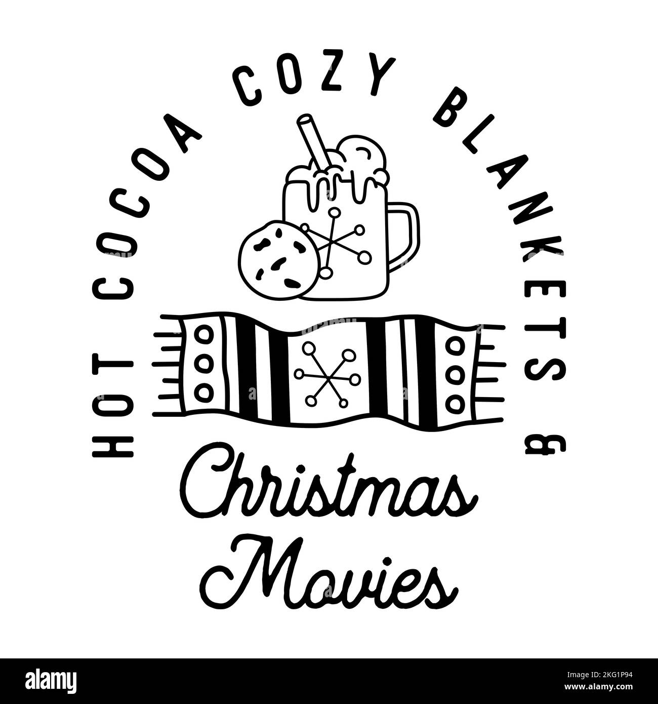 Mountain Camping christmas badge design with scarf and cup in line art style and quote hot cocoa cozy blankets and Christmas movies. Travel logo Stock Vector