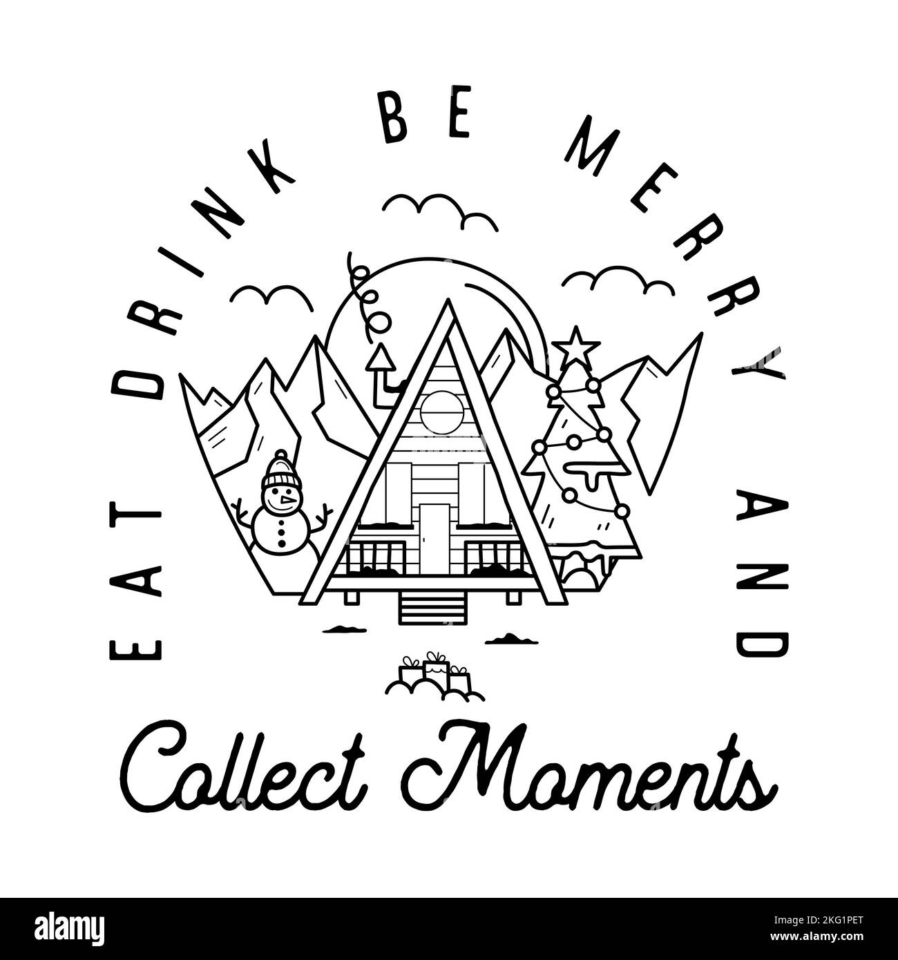 Mountain Camping christmas badge design with forest cabin, mountains in