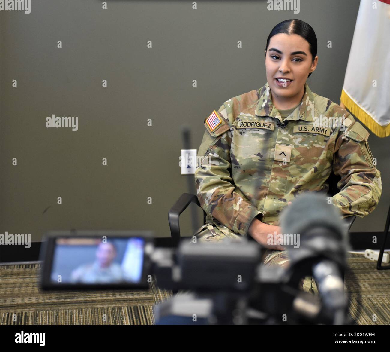Pvt. Jaimie Rodriguez recollects her journey to becoming a Soldier during an interview with ABC-15 Phoenix, Oct. 24, Metro Recruiting Station, Phoenix Central Recruiting Company, Phoenix. Rodriguez lost 50 pounds to join the Army and is about to begin her active-duty career at Fort Stewart, Ga. Stock Photo