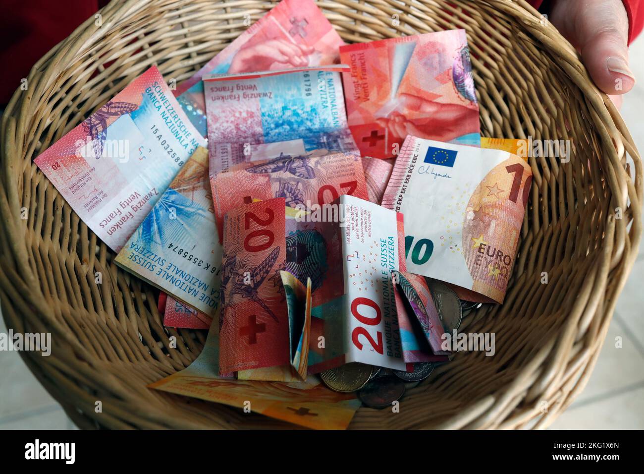 Collection During a Catholic Mass. Basket with Euros. Sallanches. France  Stock Photo - Alamy