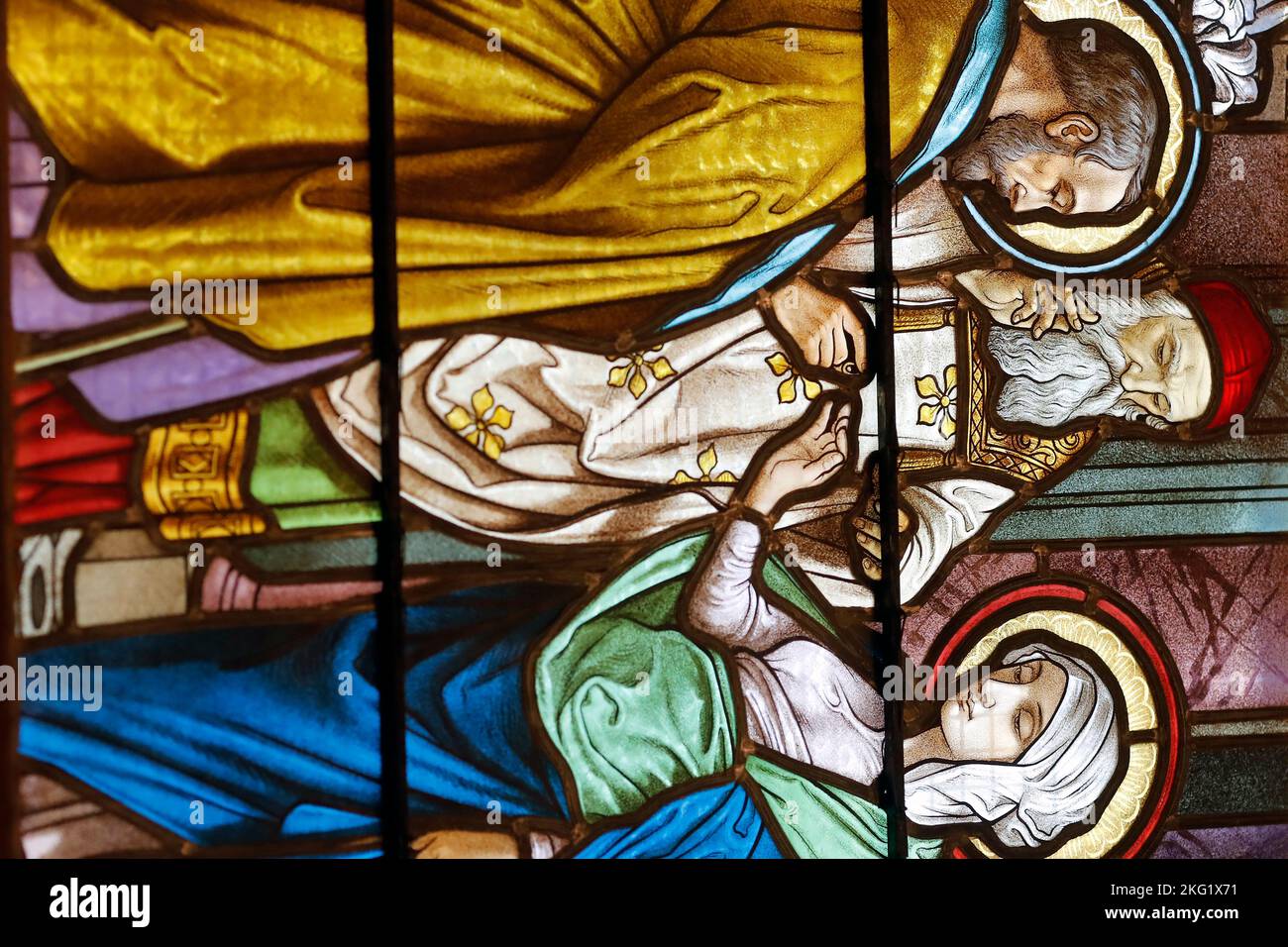 Catholic church. Stained glass window. The Marriage of the Virgin and Joseph. Switzerland Stock