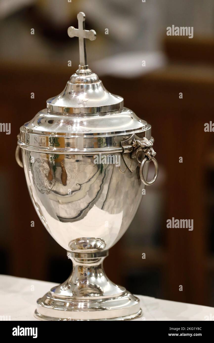 Holy Thursday. Chrism Mass. Holy oils used in the sacraments. Sacred