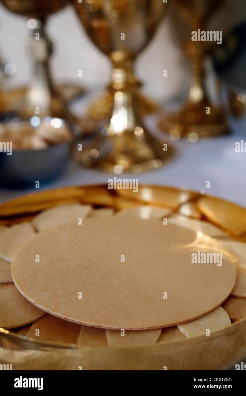 Catholic mass. Eucharist table with the liturgical items. Communion