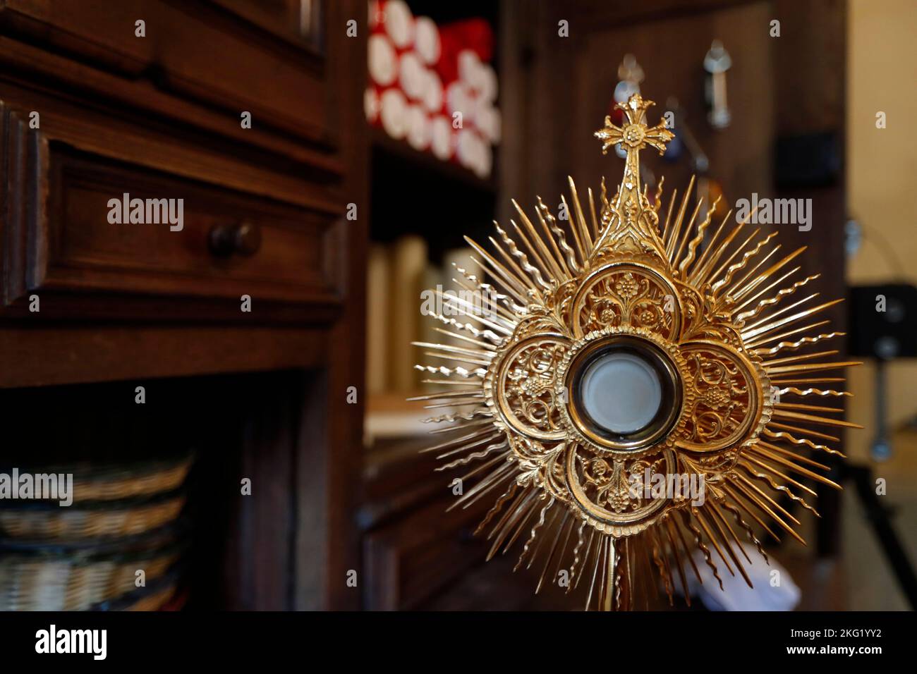 The Blessed Sacrament in a monstrance. Eucharist adoration. France