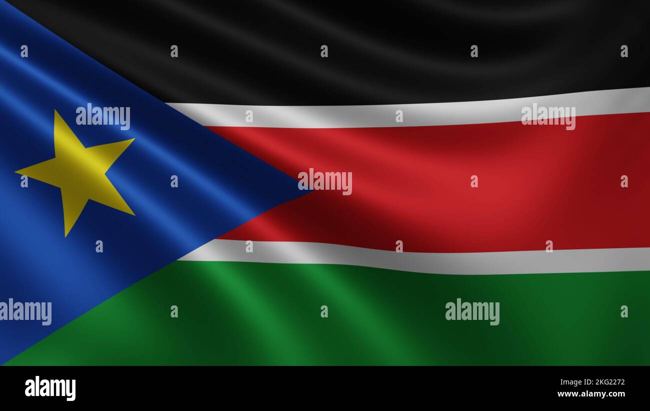 Render of the South Sudan flag flutters in the wind close-up, the ...