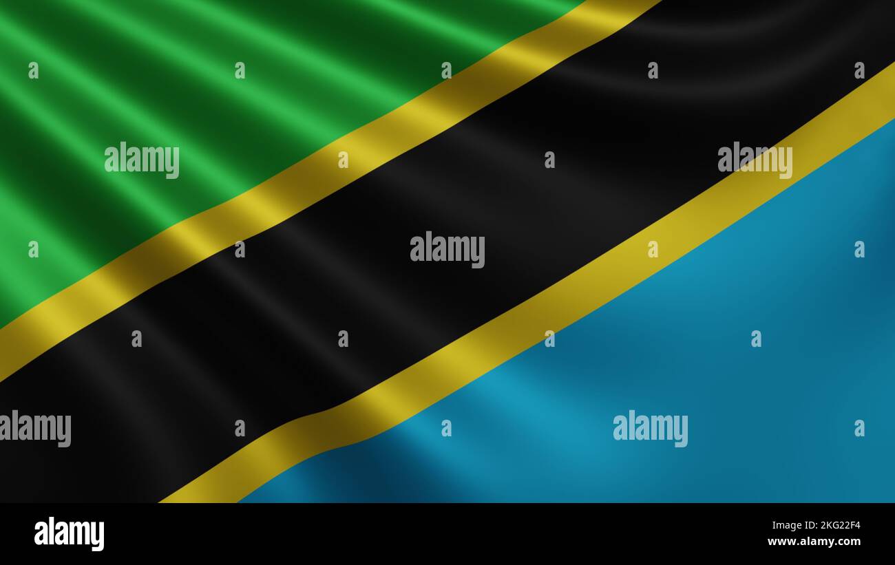 Render of the Tanzania flag flutters in the wind close-up, the national flag of Tanzania flutters in 4k resolution, close-up, colors: RGB. Stock Photo