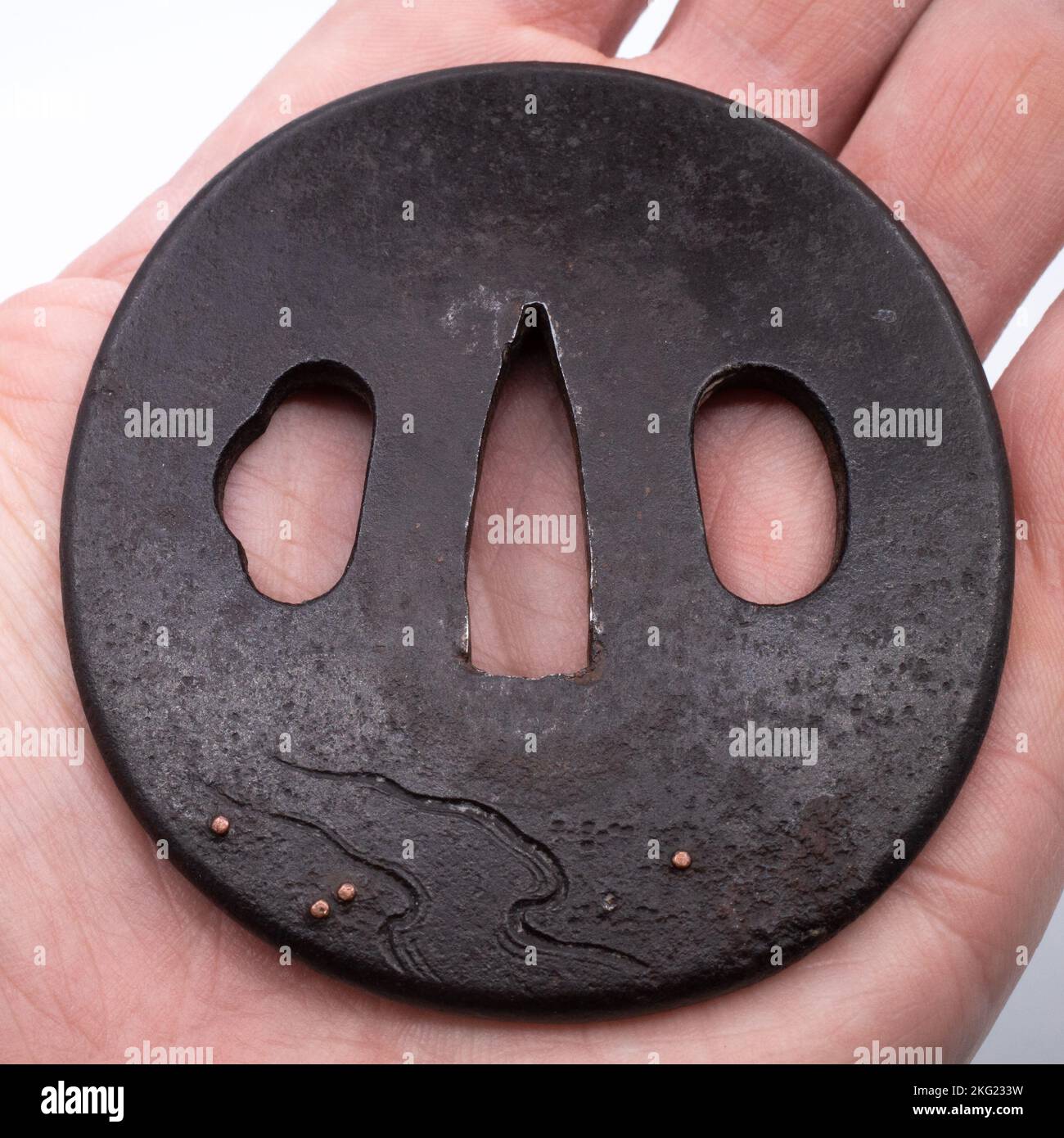 Antique Japanese Iroe Zogan Inlaid Iron Tsuba With Puppies. Edo Period