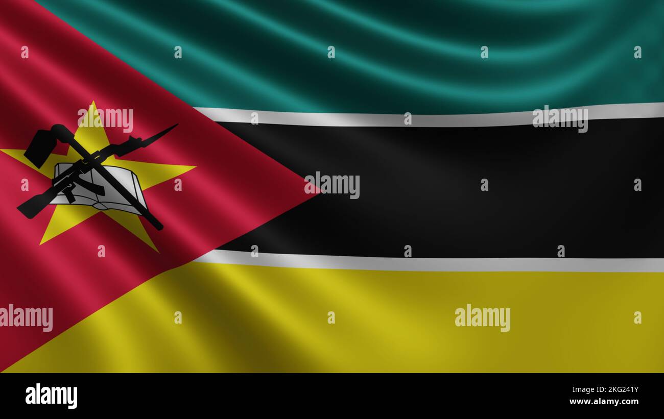 Render of the Mozambique flag flutters in the wind close-up, the national flag of Mozambique flutters in 4k resolution, close-up, colors: RGB. Stock Photo