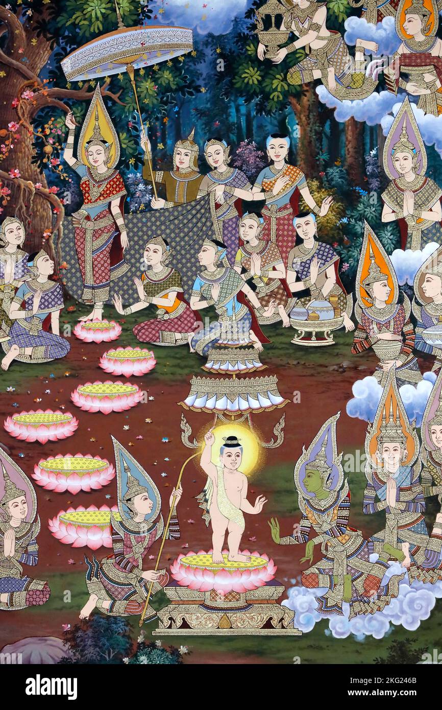 Life of Buddha. The birth of infant Siddhartha as a prince who pointing to the North, walked
