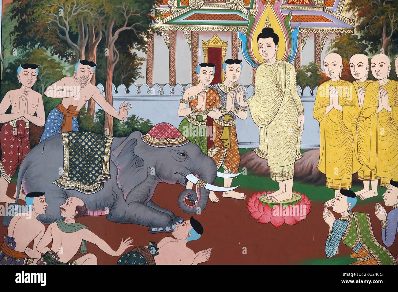 The Life of the Buddha, Siddhartha Gautama.   A wild elephant tamed by loving kindness. Wat Maniratanaram  monastery.  Wall fresco.  Phnom Penh. Cambo Stock Photo
