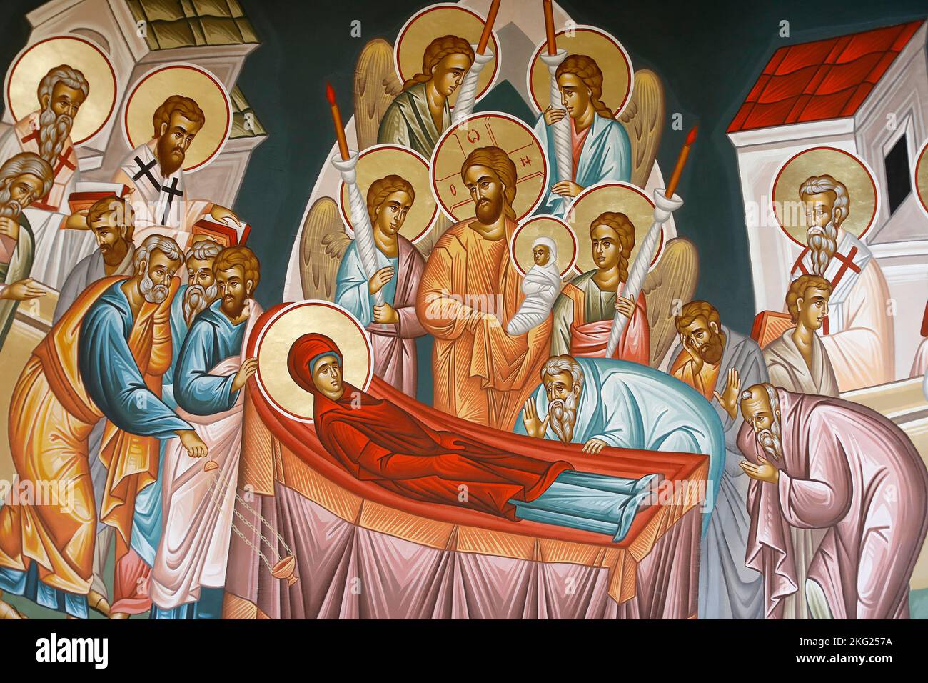 St Elie (Saint Elias) Greek orthodox church, Rabieh, Lebanon. Painting depicting the Dormition (Virgin Mary's death surrounded by disciples of Jesus) Stock Photo