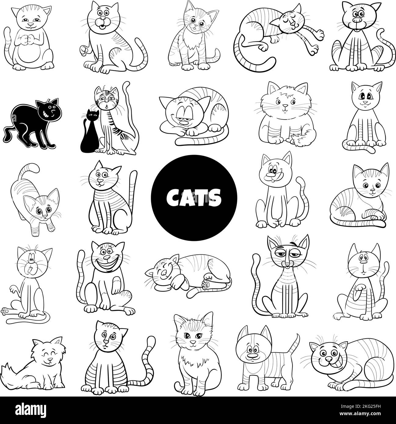 Black and white cartoon illustration of cats and kittens animal