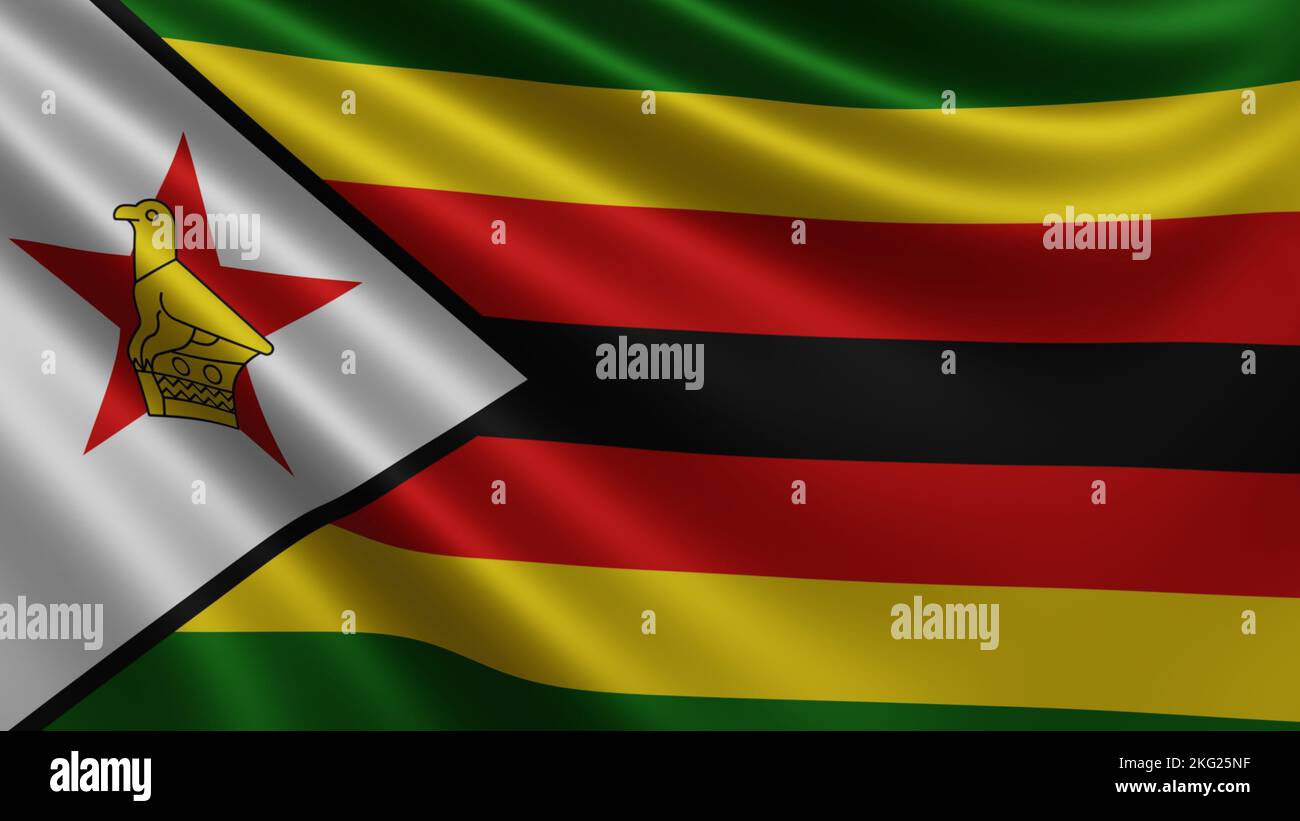 Render of the Zimbabwe flag flutters in the wind closeup, the national