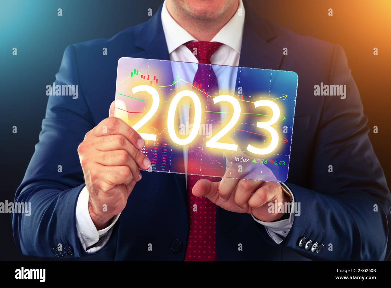 Businessman working with future technology screen, new year 2023 finance concept. Stock Photo