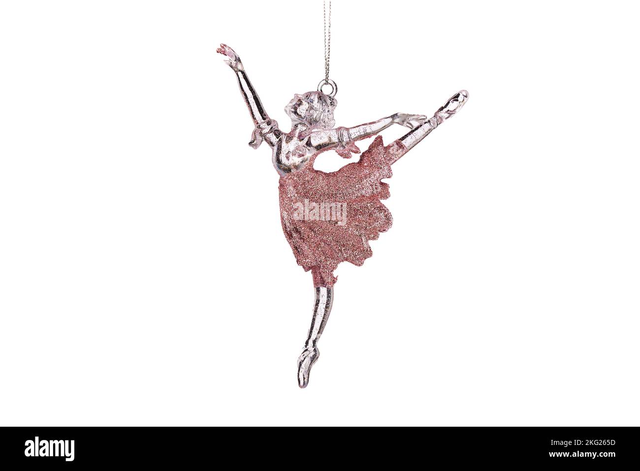 Ballerina toy, crystal ballet dancer figurine isolated on white background. Christmas tree ornament. Stock Photo