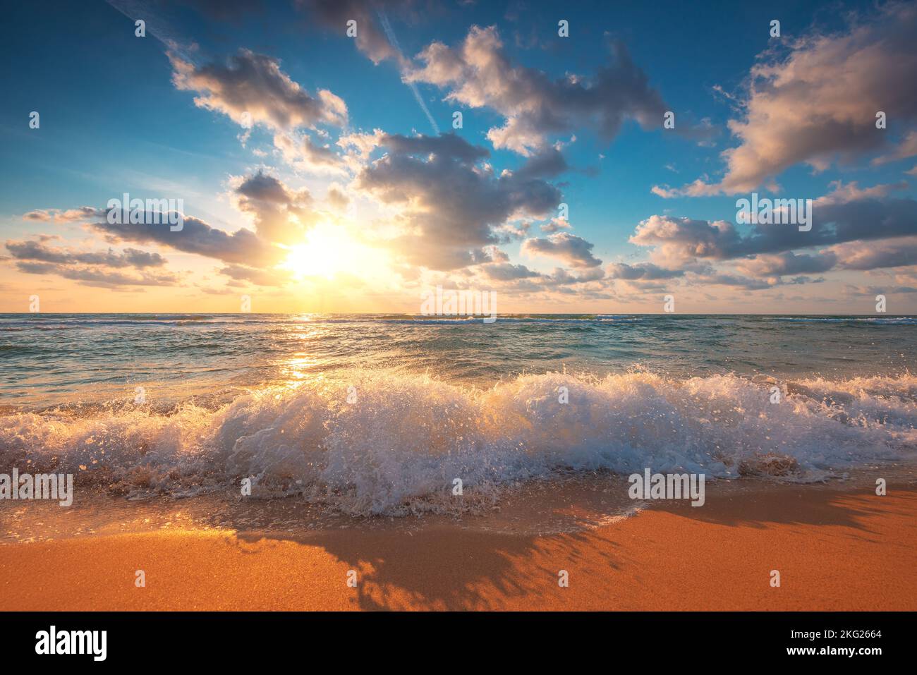 Beach sunrise over the tropical sea Stock Photo
