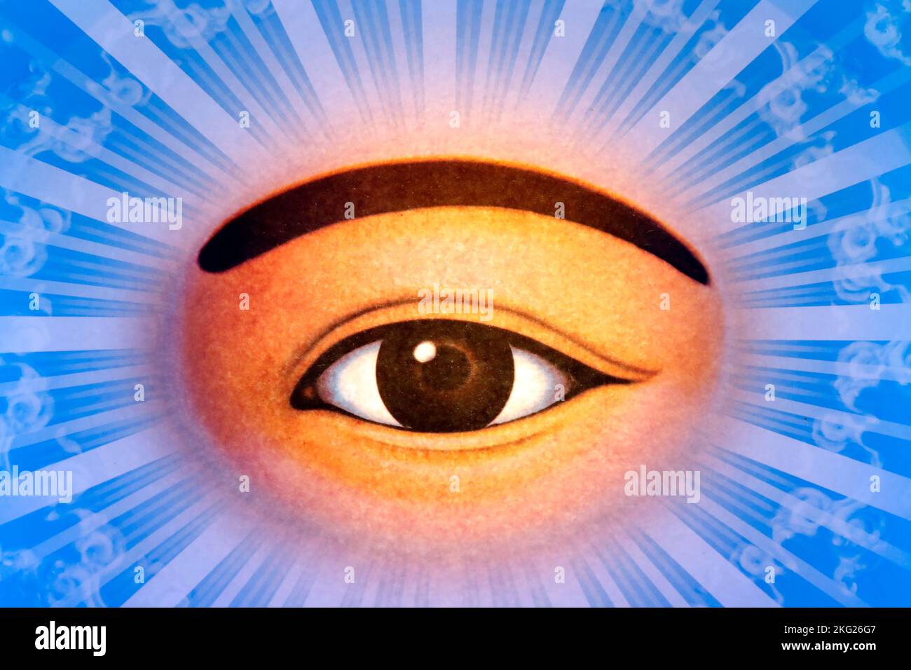 Cao Dai's left eye, similar to Eye of Providence.  Caodaism is a monotheistic syncretic new religious movement.  Tan Chau. Vietnam. Stock Photo
