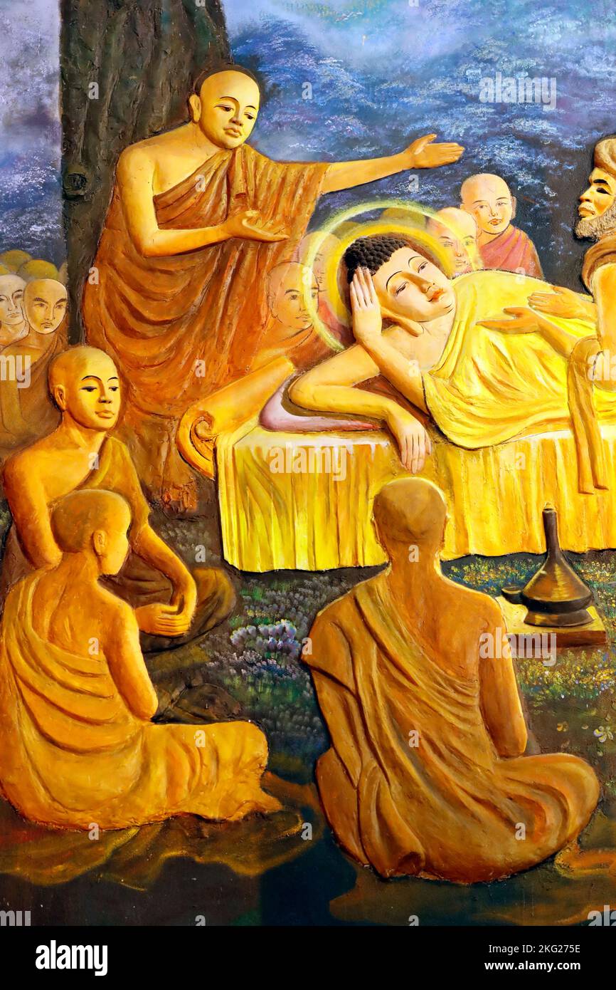 Ba Vang buddhist temple. Life of Buddha. Reclining Buddha. The final Nirvana. The Buddha entered