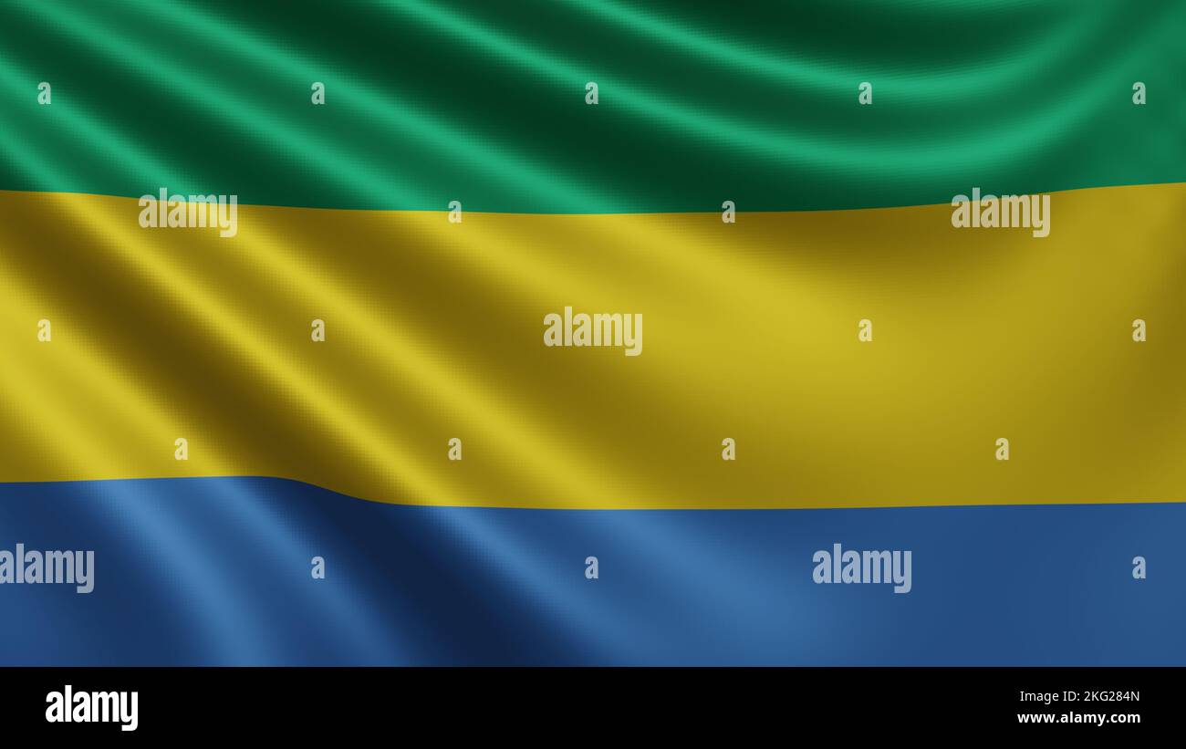 Render of the Gabon flag flutters in the wind close-up, the national flag of Gabon flutters in 4k resolution, close-up, colors: RGB. Stock Photo