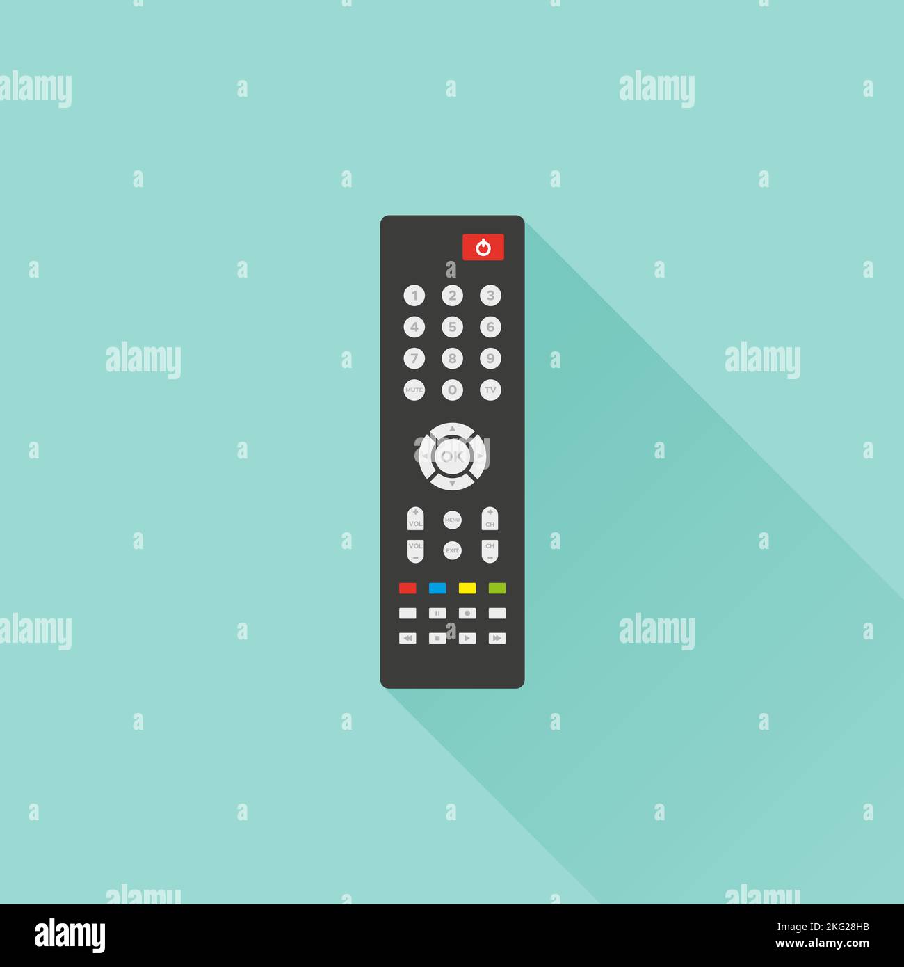 TV remote control with long shadow on turquoise background. TV remote