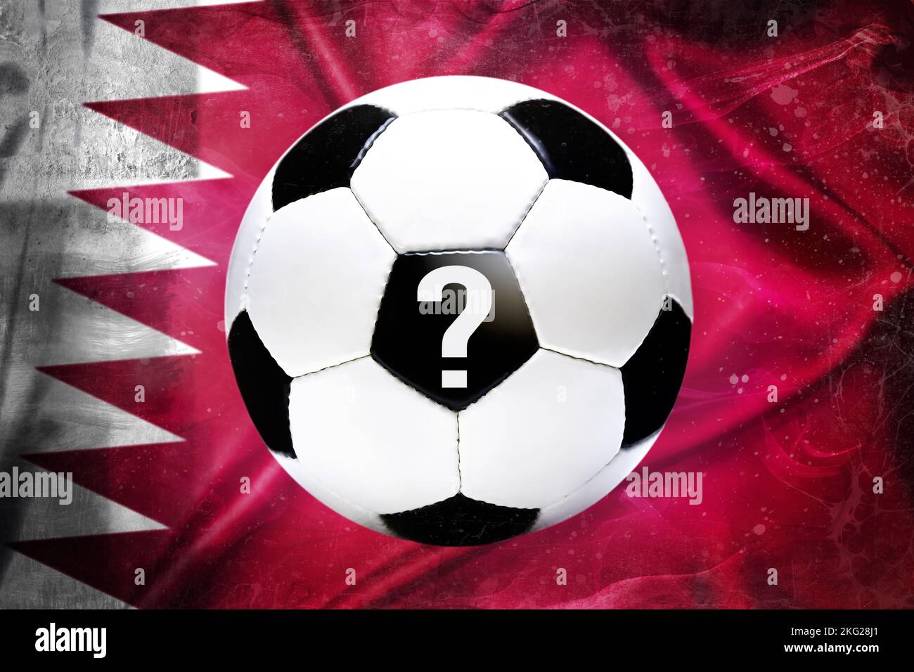 Soccer ball and question mark in front of the flag of Qatar, boycott of the football world cup, symbolic image Stock Photo